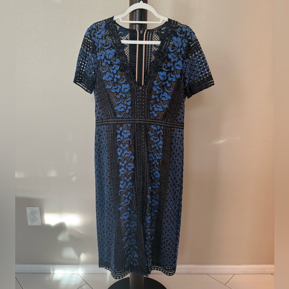BCBGMaxAzria Blue and Black Lace Midi Dress